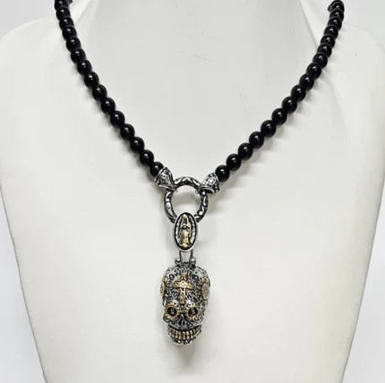 Black Onyx Beaded Necklace with Stainless Steel Day Of The Dead Skull Pendant