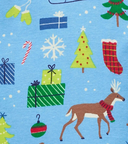 Hatley boys Blue Christmas print showing holiday trees, gifts, reindeer, and winter details.