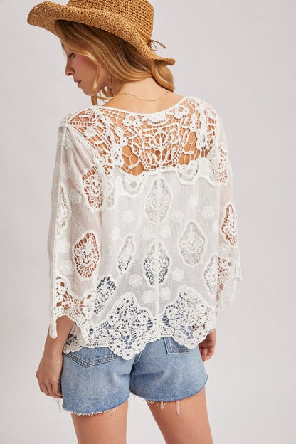 Boho Sheer Crochet 3/4 Sleeved Top With No Lining