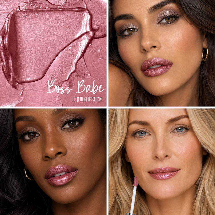 Collage of a Runway Rogue liquid lipstick in the shade 'Boss Babe' with close-ups of models wearing the shade on their lips