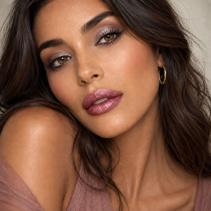 Model wearing Runway Rogue Pearl Glam Liquid Lipstick in the shade 'Boss Babe' + eyeshadow stick in the shade 'Curtain Call'