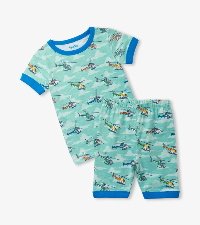 Hatley boys Helicopters cotton short pajama set in aqua with blue trim and matching shorts.