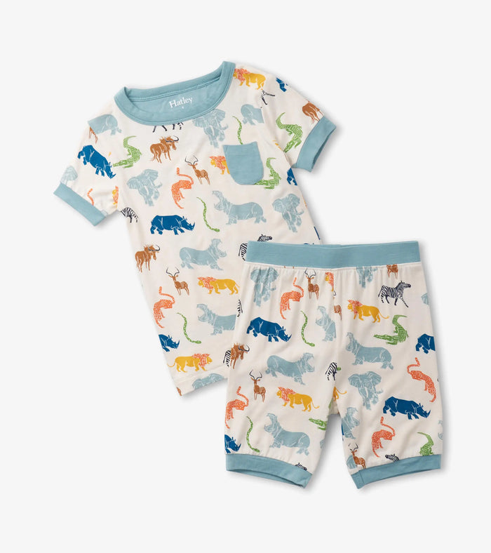 Hatley boys Scratchy Safari bamboo short pajama set with blue trim and matching shorts.