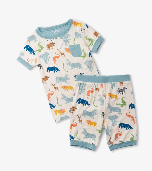 Hatley boys Scratchy Safari bamboo short pajama set with blue trim and matching shorts.