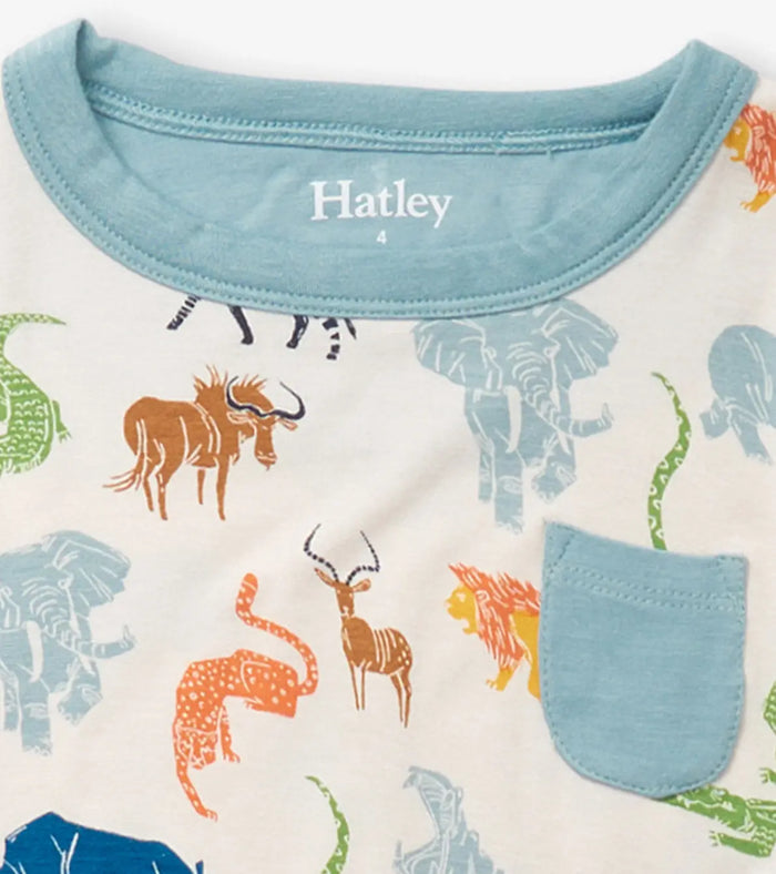 Hatley boys safari bamboo pajama top with animal print, chest pocket, and blue neckline.