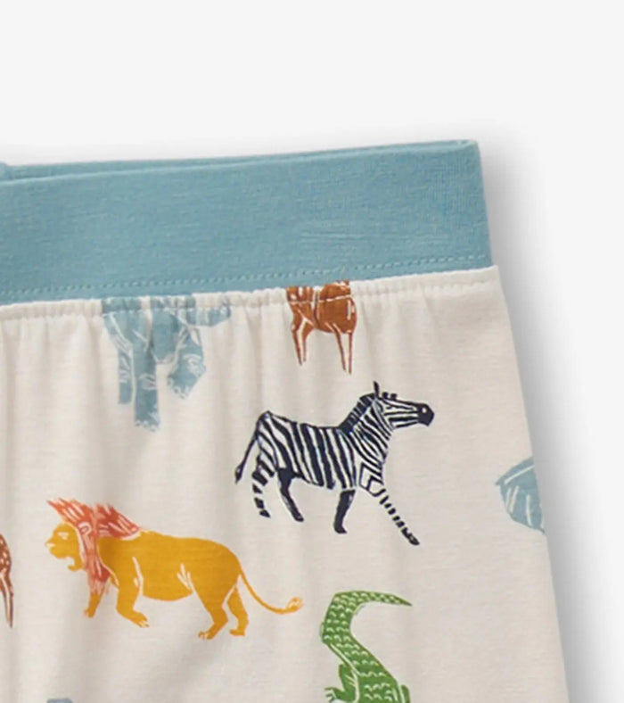 Hatley boys matching safari pajama shorts with elastic waistband, blue trim, and bamboo stretch fabric.