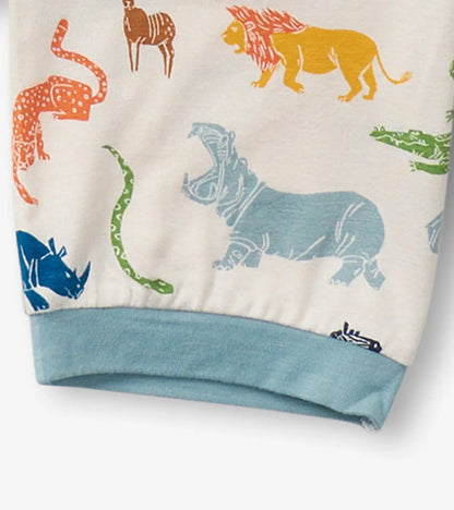 Closeup of Hatley boys Scratchy Safari print showing colorful animals on soft bamboo pajamas.
