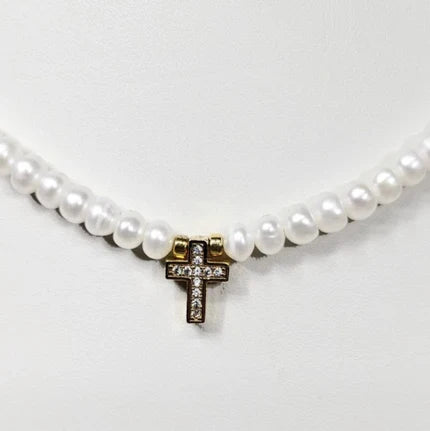 Button Side-Drilled Freshwater Pearls &amp; Pave Gold Cross