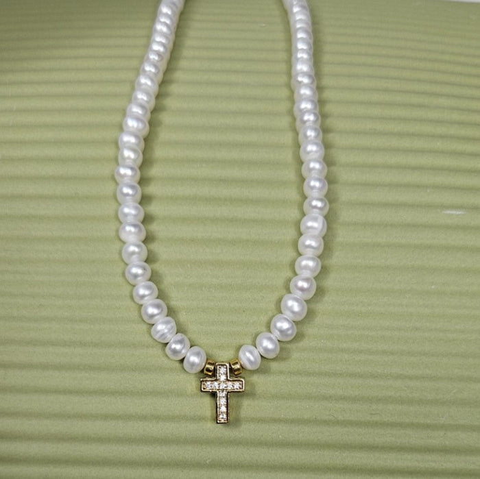 Button Side-Drilled Freshwater Pearls &amp; Pave Gold Cross