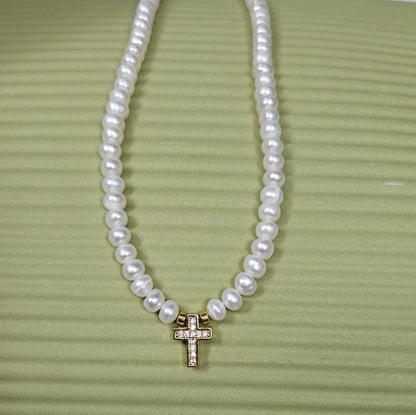 Button Side-Drilled Freshwater Pearls &amp; Pave Gold Cross