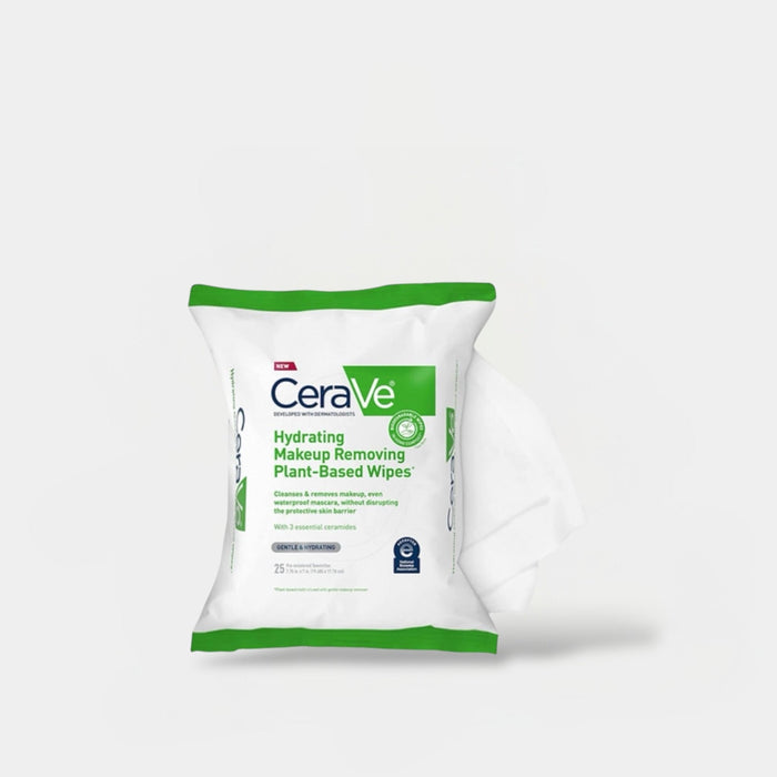 Cerave Hydrating Makeup Removing Plant - Based Wipes (25 Towelettes) مناديل سيرافي المرطبة لإزالة المكياج، مصنوعة من مكونات نباتية - Princess Cosmetics Qatar