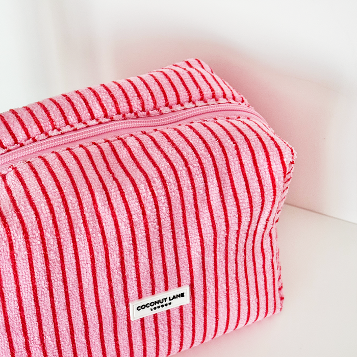 Cherry Stripes towel makeup bag and matching scrunchie with red and white stripes on a plain white background.