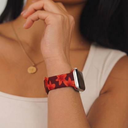Cinnamon Lily Apple Watch strap by Coconut Lane, shown on wrist with white tank top and gold necklace.