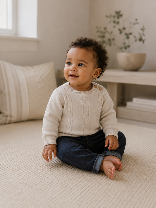 Baby Wearing Classic Cable Knit Baby Pullover Sweater, Organic Cotton by Viverano