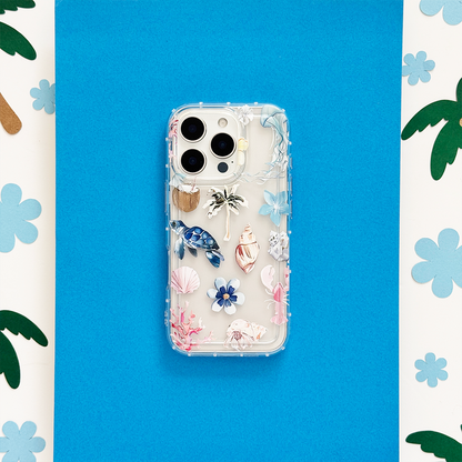 Clear phone case with seashell and flower pattern, showcasing a playful, beach-inspired design.