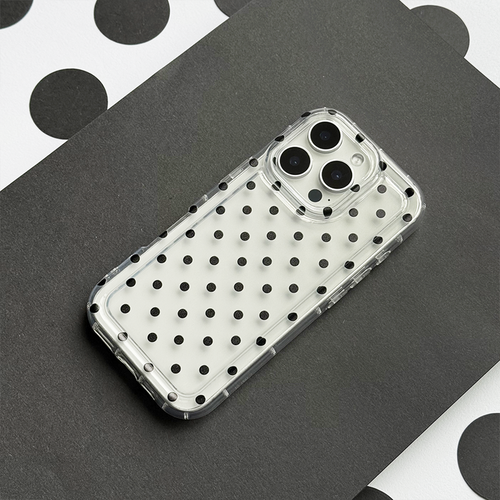 Clear phone case with bold black polka dots on a transparent background.