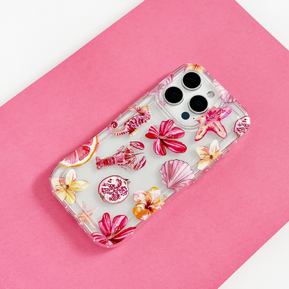 Clear phone case with pink sea creatures, shells, and flowers on a blush background.