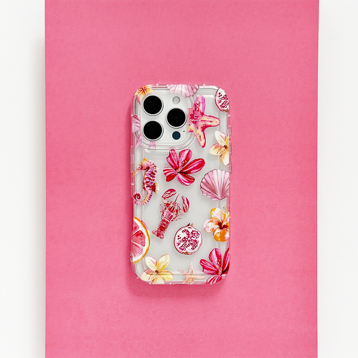 Clear phone case with pink tropical pattern on transparent background.