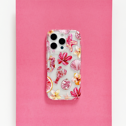 Clear phone case with pink tropical pattern on transparent background.