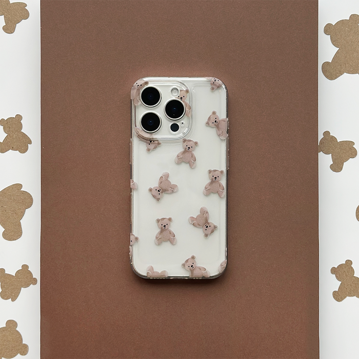 Transparent phone case with a pattern of small teddy bears, from Coconut Lane.