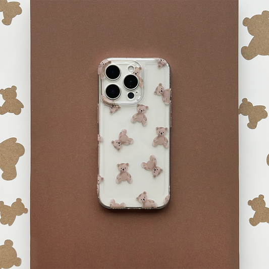 Transparent phone case with a pattern of small teddy bears, from Coconut Lane.