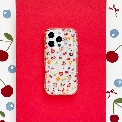Clear phone case with colorful fruit illustrations and cherry accents on a red background.