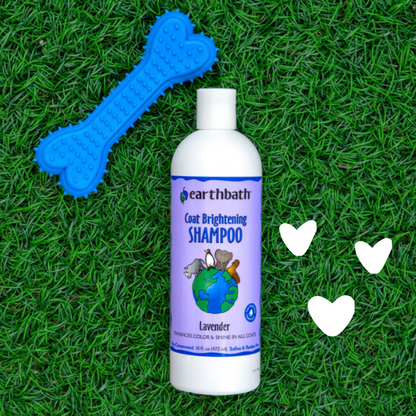 Earthbath coat brightening shampoo bottle on grass with a blue bone-shaped toy and hearts.