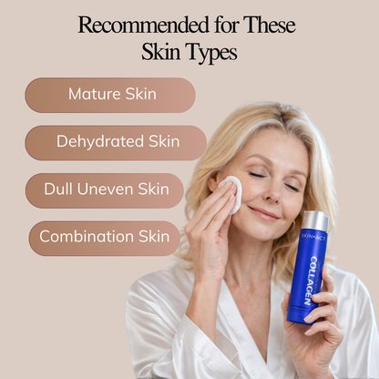Woman applying Collagen Oxygen Activator toner to her face, text indicating skin types it's recommended for.