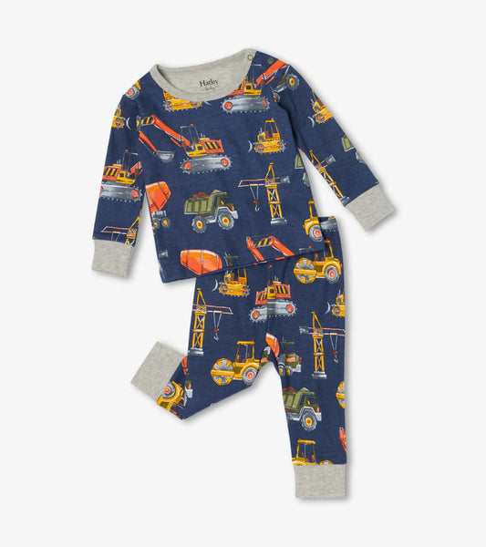 Hatley baby boy Construction Trucks organic cotton pajama set in Navy/Gray with long sleeves and matching pants.