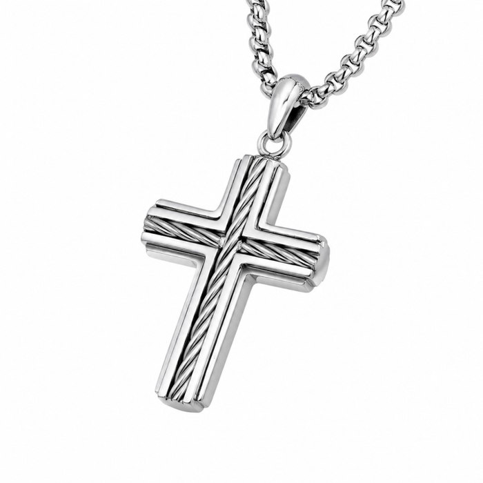 Corben Stainless Steel Cross Pendant with Twisted Wire Inlay