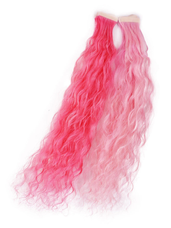 Two bundles of long, wavy synthetic hair extensions in bright to pastel pink gradient, adding color. Shown on a white background.