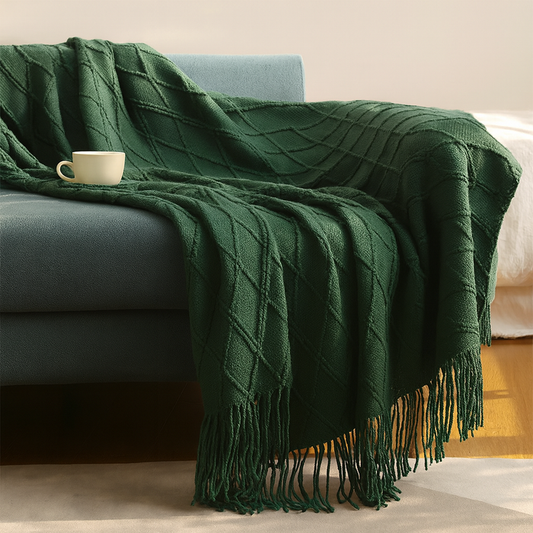 Dark Green Rhombus Diamond Knit Throw Blanket