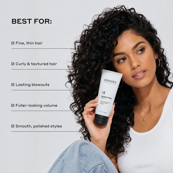 Zenagen Densifying Cream infographic featuring a woman with voluminous curls, detailing product suitability for fine or thin hair, curly textures, lasting blowouts, and smooth styles