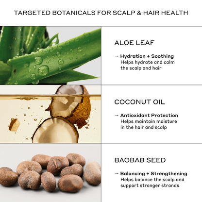 Zenagen Densifying Leave-In Cream ingredient infographic detailing the hydrating, moisturizing, and strengthening benefits of Aloe Leaf, Coconut Oil, and Baobab Seed for scalp and hair health.