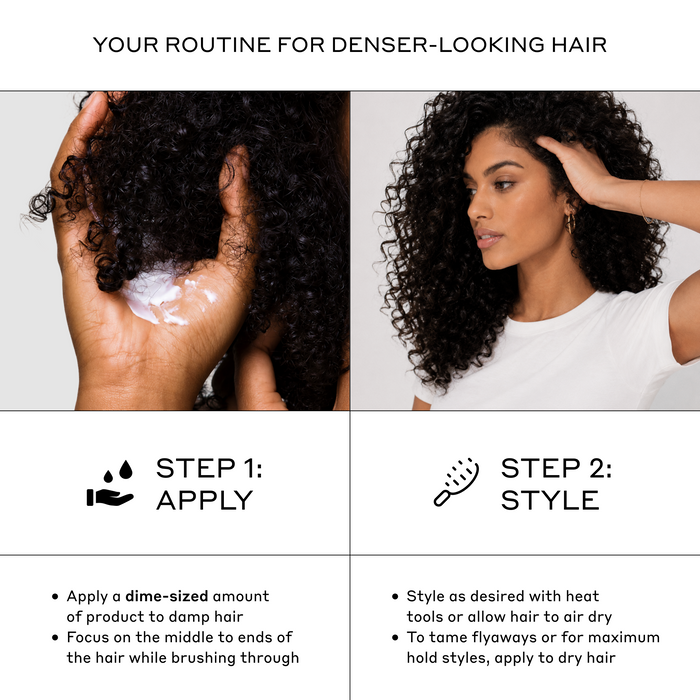 Zenagen Densifying Leave-In Cream application infographic detailing a two-step routine to apply a dime-sized amount to damp hair and style as desired or apply to dry hair to tame flyaways.