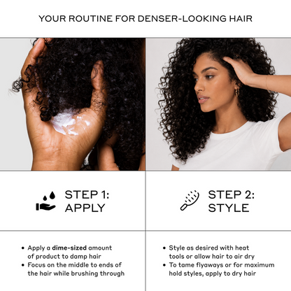 Zenagen Densifying Leave-In Cream application infographic detailing a two-step routine to apply a dime-sized amount to damp hair and style as desired or apply to dry hair to tame flyaways.