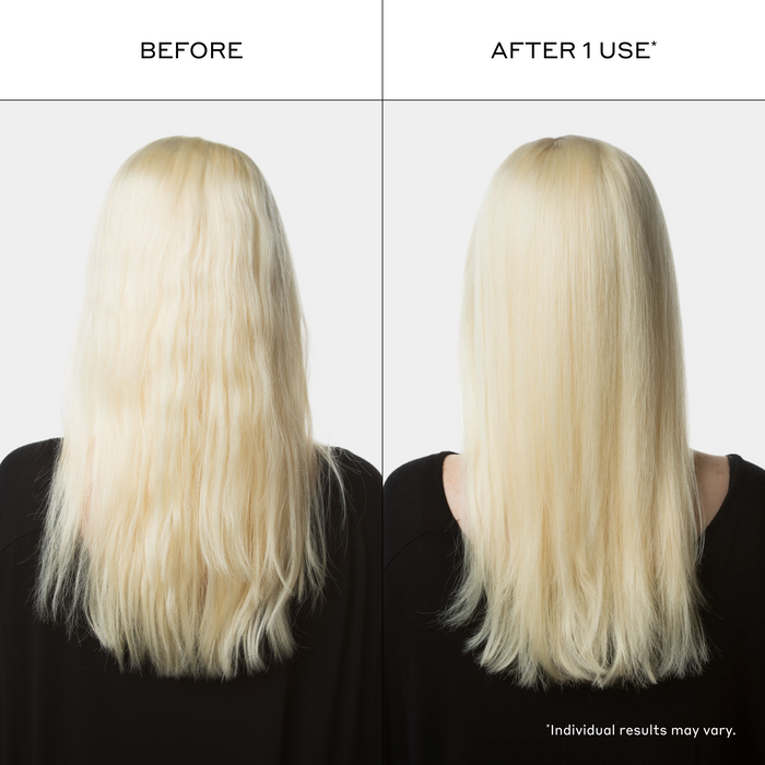 Zenagen Densifying Leave-In Cream before and after comparison image showing the back of a woman's long blonde hair, demonstrating a smoother, straighter, and sleeker look after just 1 use.