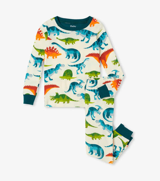 Hatley boys Dinosaur Park organic cotton pajama set in Ivory/Green with long sleeves and matching pants.