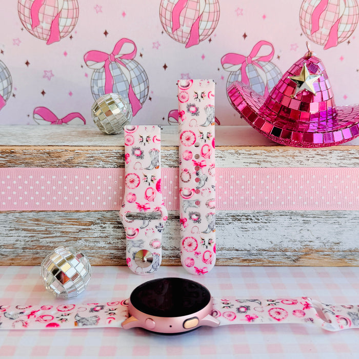 Disco Cowgirl pink western print silicone band for Samsung Galaxy Watch with cowboy boots and disco balls from Fancy Bands