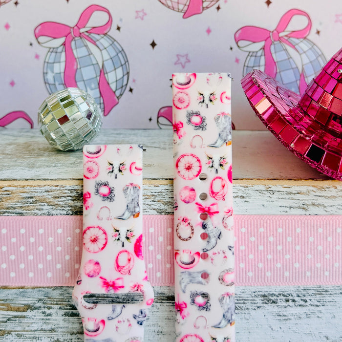 Disco Cowgirl pink western print silicone band for Samsung Galaxy Watch with cowboy boots and disco balls from Fancy Bands