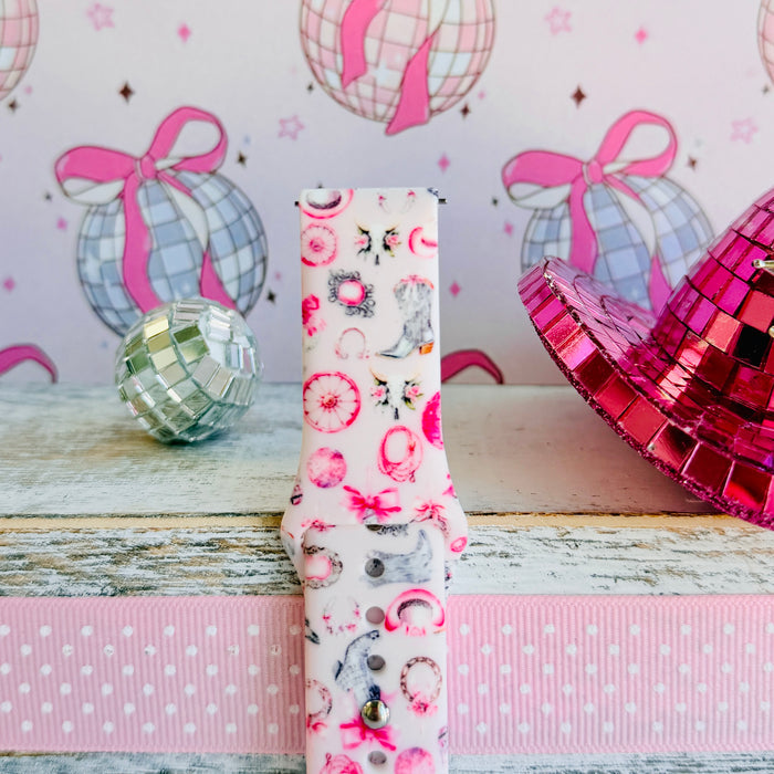 Disco Cowgirl pink western print silicone band for Samsung Galaxy Watch with cowboy boots and disco balls from Fancy Bands