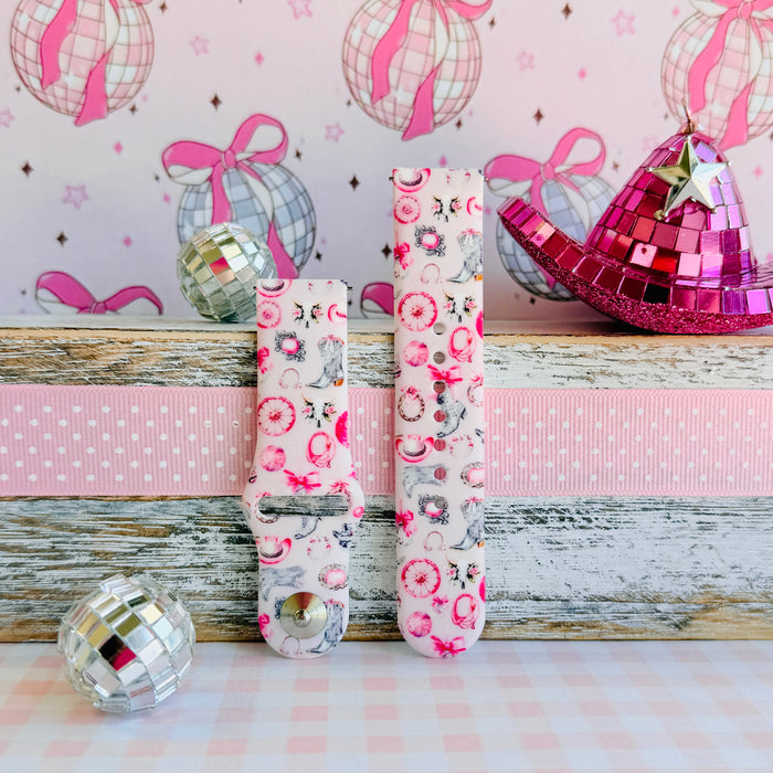Disco Cowgirl pink western print silicone band for Samsung Galaxy Watch with cowboy boots and disco balls from Fancy Bands