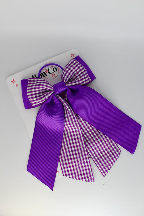 Double Layer Tail Bow - School Bow Purple Gingham - Elastic