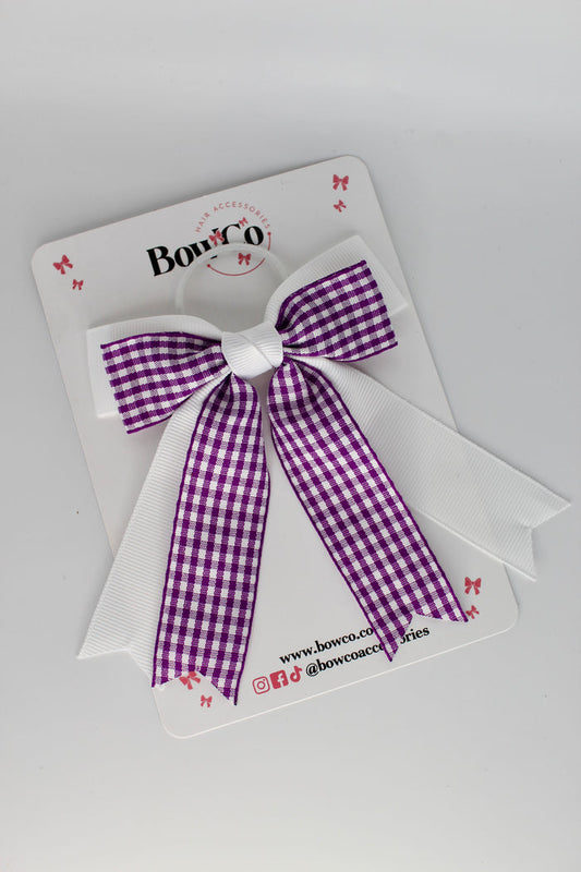 Double Ribbon Tail Bow - School Bow Purple and White Gingham - Elastic