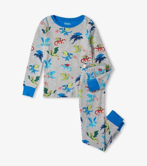 Hatley boys Dragon Realm organic cotton pajama set in Gray/Blue with long sleeves and matching pants.