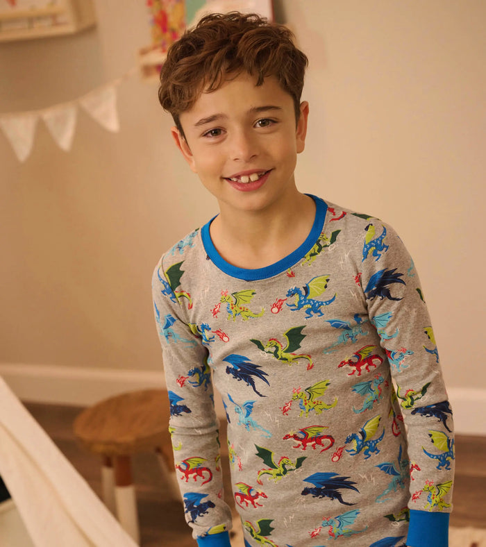 Boy wearing Hatley Dragon Realm pajamas with soft organic cotton and snug-fitting comfort.