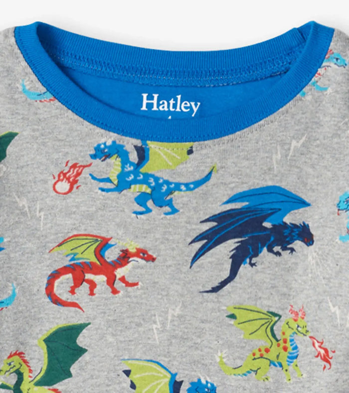 Closeup of Hatley boys Dragon Realm pajama top showing blue neckline and dragon print.