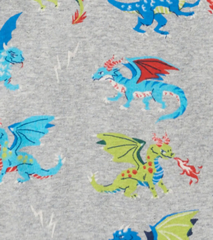 Closeup of Hatley boys dragon pajama print on heather gray organic cotton fabric.