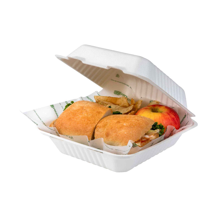 EcoProducts Compostable Sugarcane Clamshells (8 x 8 x 3in | Medium-Weight) | 200/cs