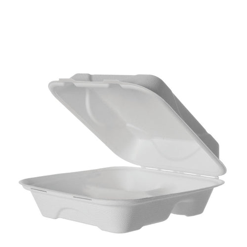 EcoProducts Compostable Sugarcane Clamshells (9 x 9 x 3in | Medium-Weight | 3-Compartment) | 200/cs